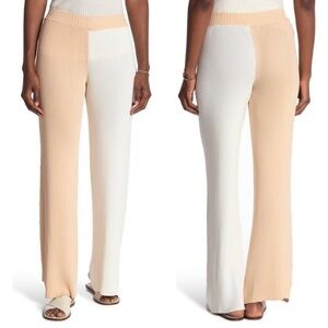 Ronny Kobo Two Tone Ribbed Knit Wide Leg Pants Colorblock White & Tan XS
